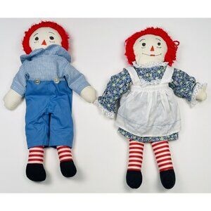 VTG Handmade 19" Plush Stuffed Raggedy Ann & Andy Dolls Toys Drawn Face *Flaws*
